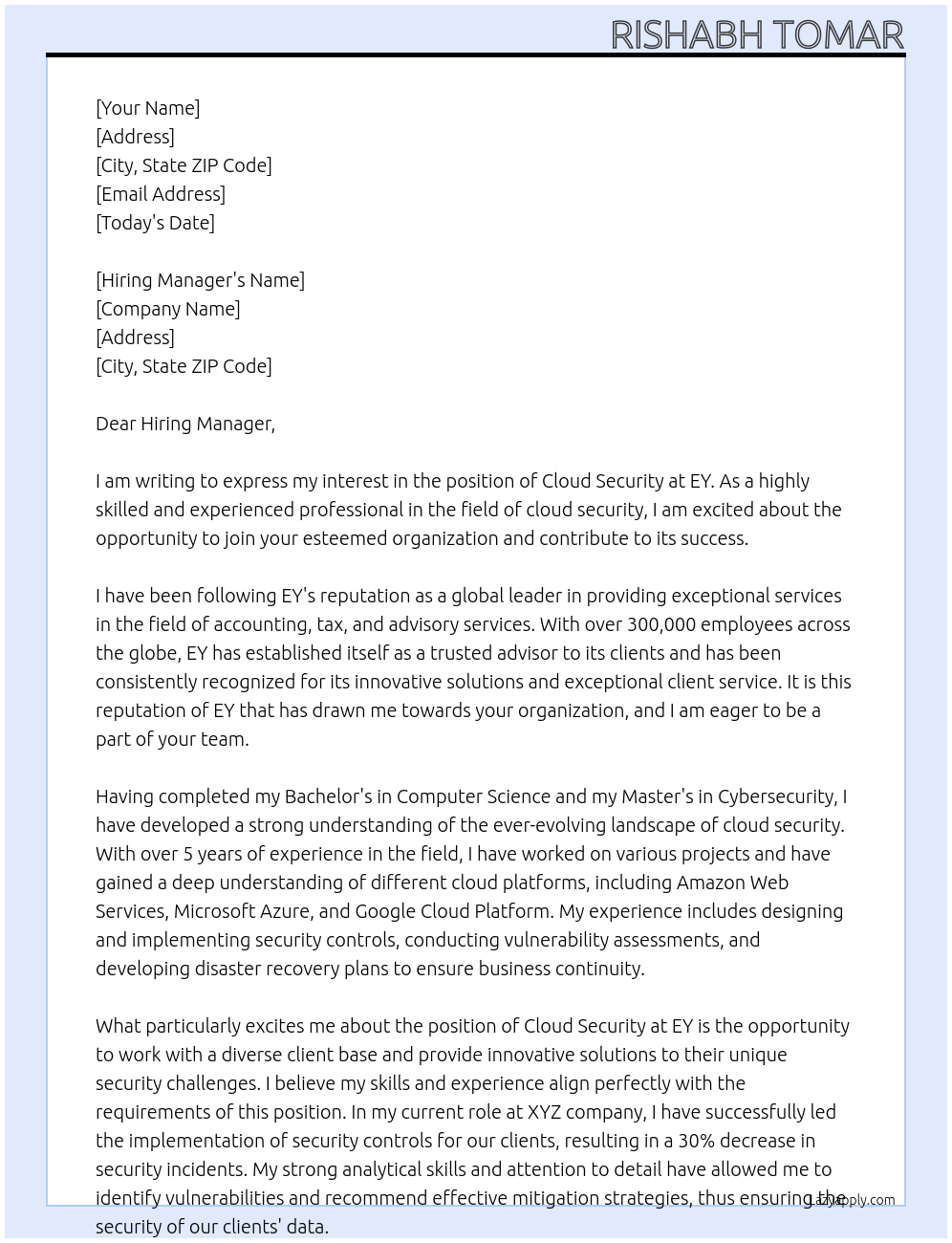 cloud security At EY Cover Letter