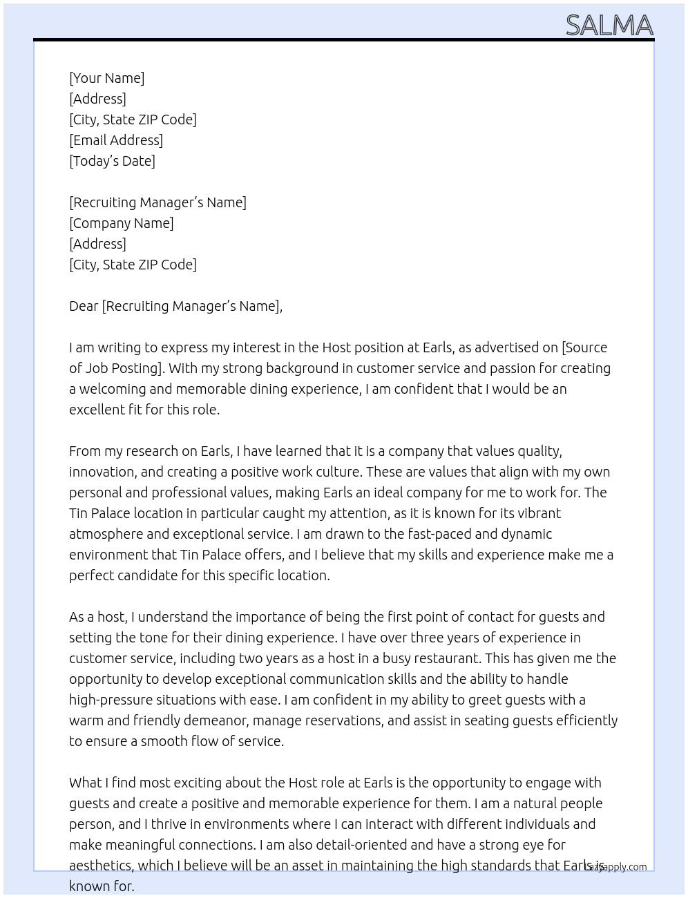 Host At Earls Cover Letter