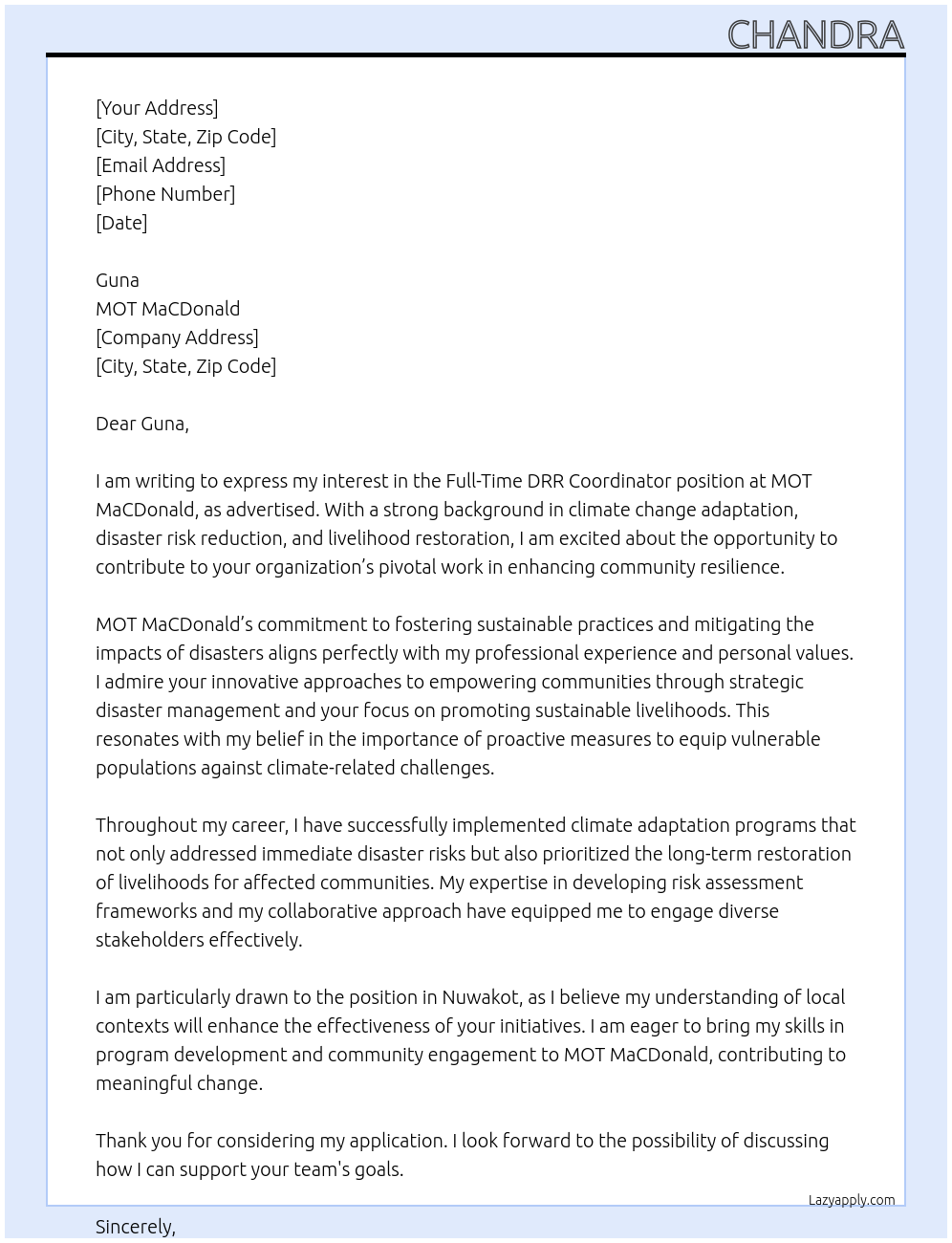 DRR Coordinator At MOT MaCDonald Cover Letter