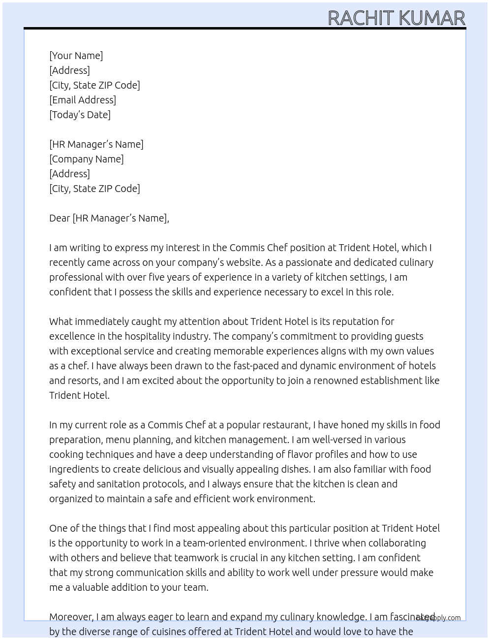 Commis Chef At Trident Hotel Cover Letter