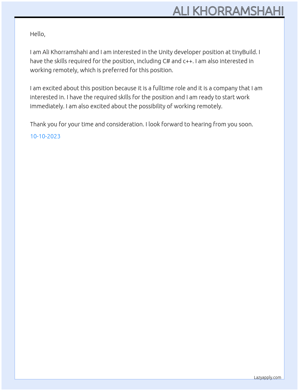 Unity developer At tinyBuild Cover Letter