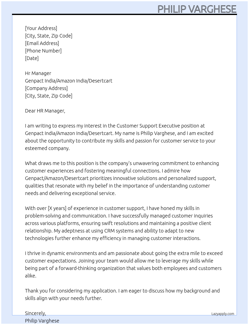 Customer support executive At Genpact India, Amazon India, Desertcart Cover Letter