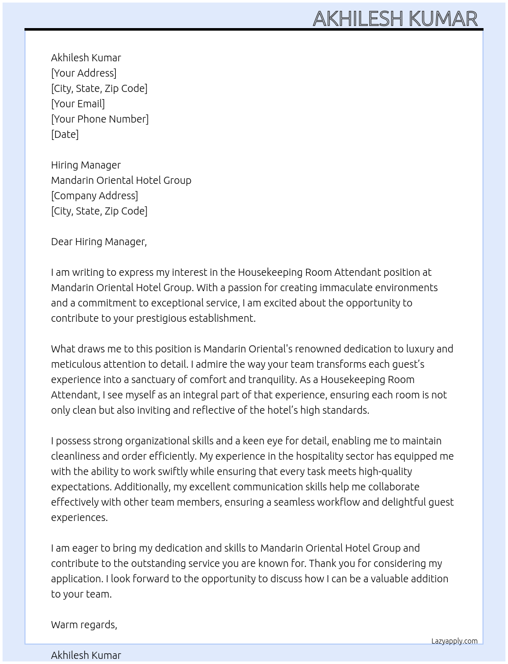 Housekeeping room attendant  At Mandarin oriental hotel group  Cover Letter