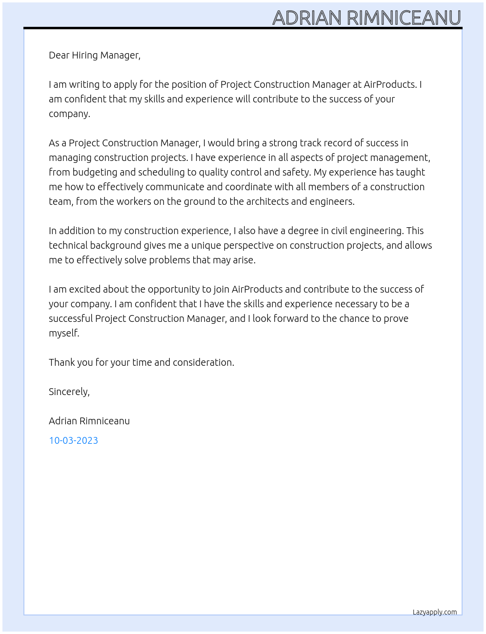Project Construction Manager At AirProducts Cover Letter