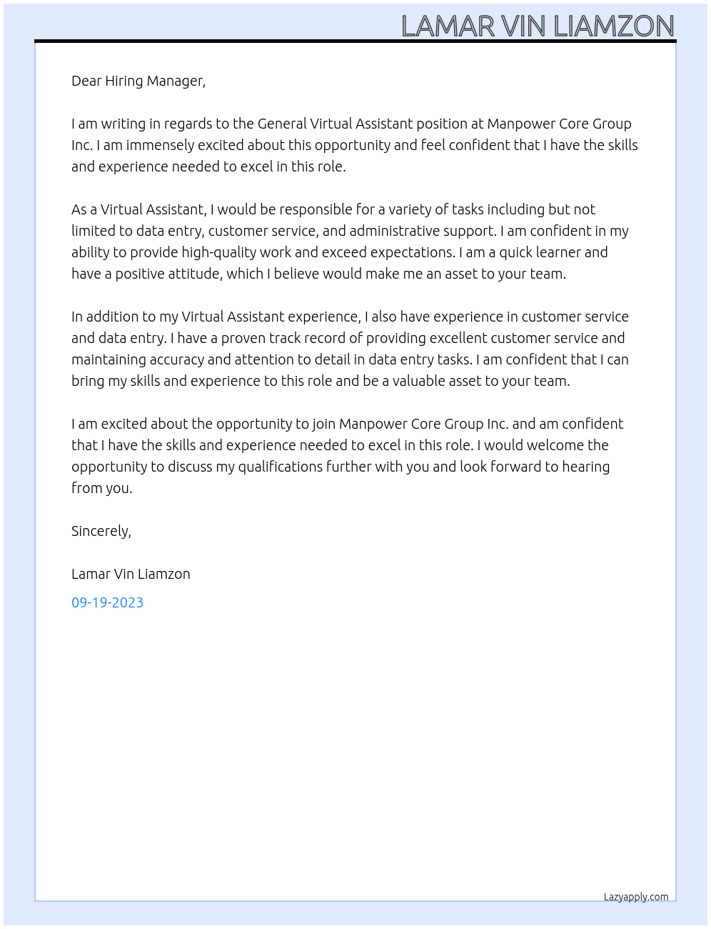 General Virtual Assistant At Manpower Core Group Inc. Cover Letter