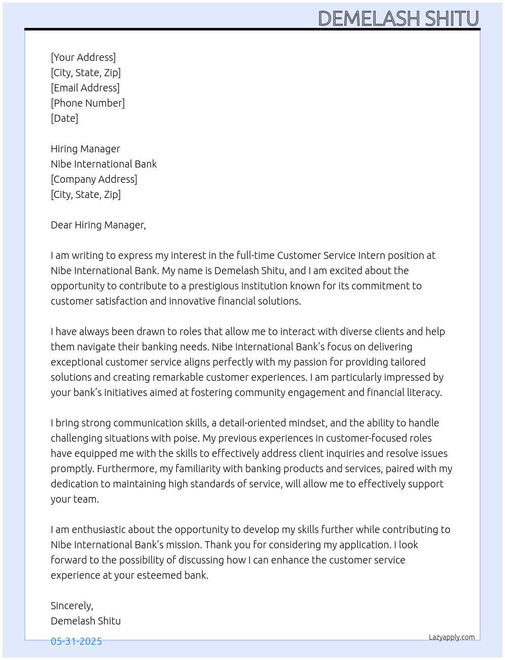 Customer service At Nibe International Bank Cover Letter