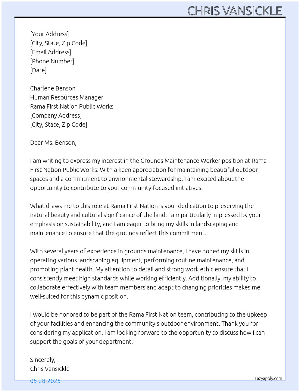 Grounds Maintenance Worker At Rama First nation Public Works  Cover Letter