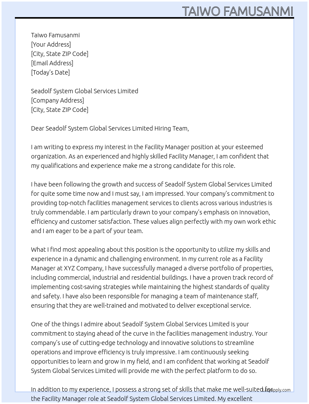 Facility manager At Seadolf System Global Services Limited Cover Letter