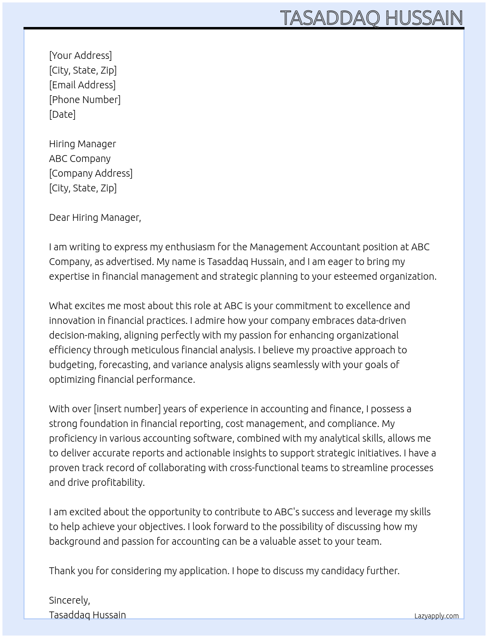 Cover letter for management accountant - LazyApply