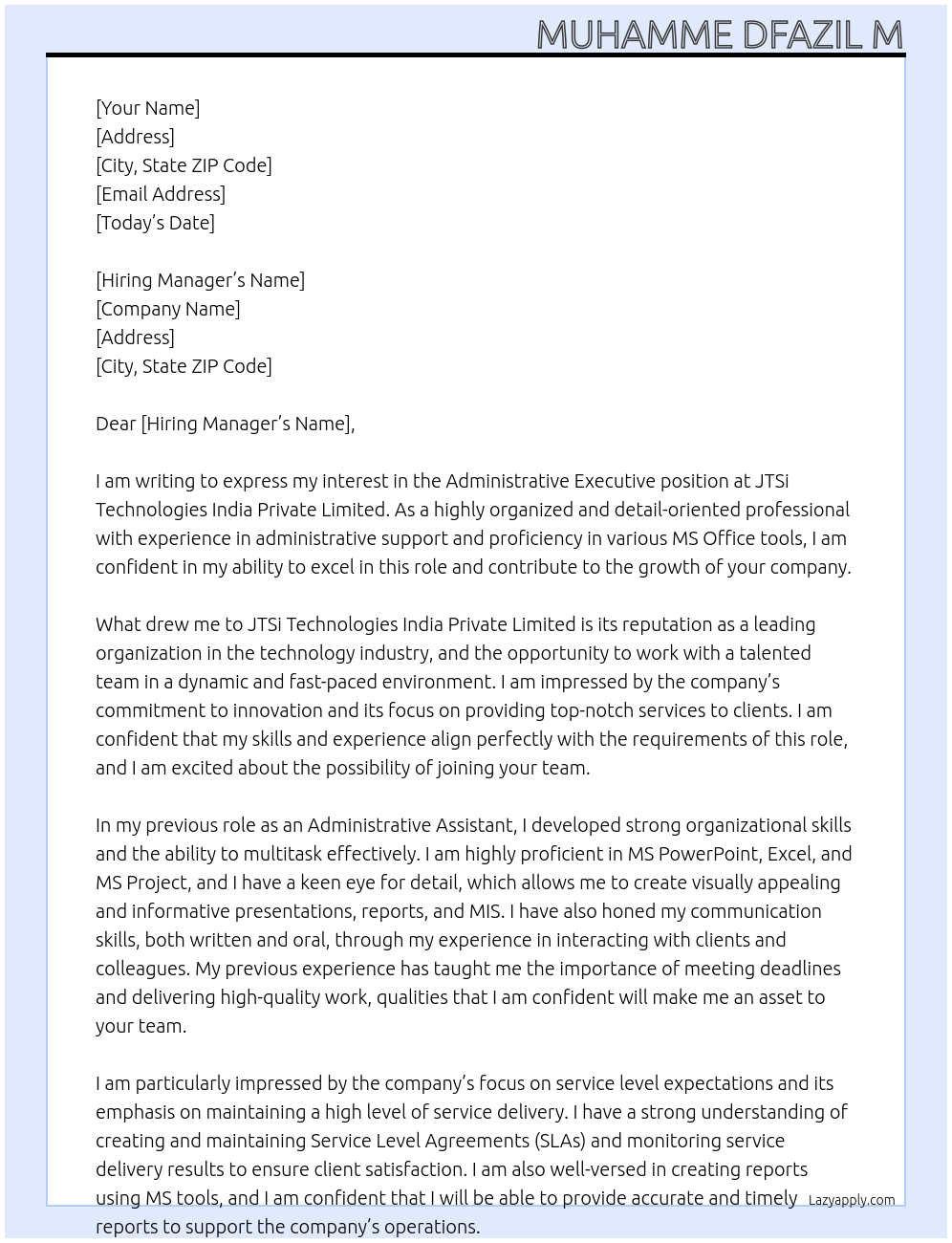 Administrative executive At JTSi Technologies India Private Limited Cover Letter