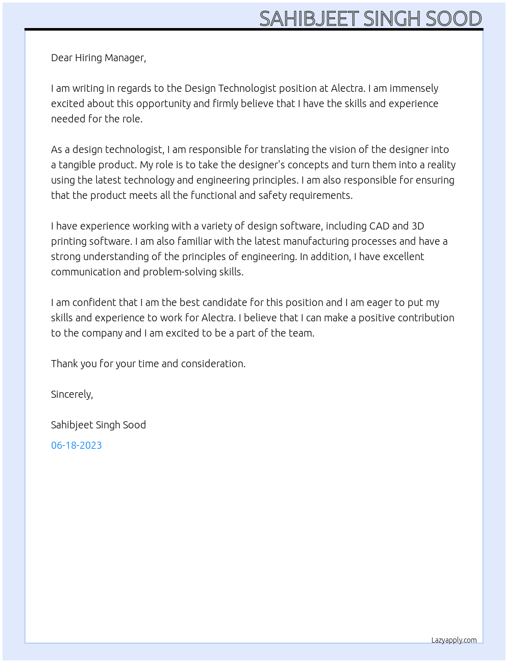 Design Technologist At ALECTRA Cover Letter