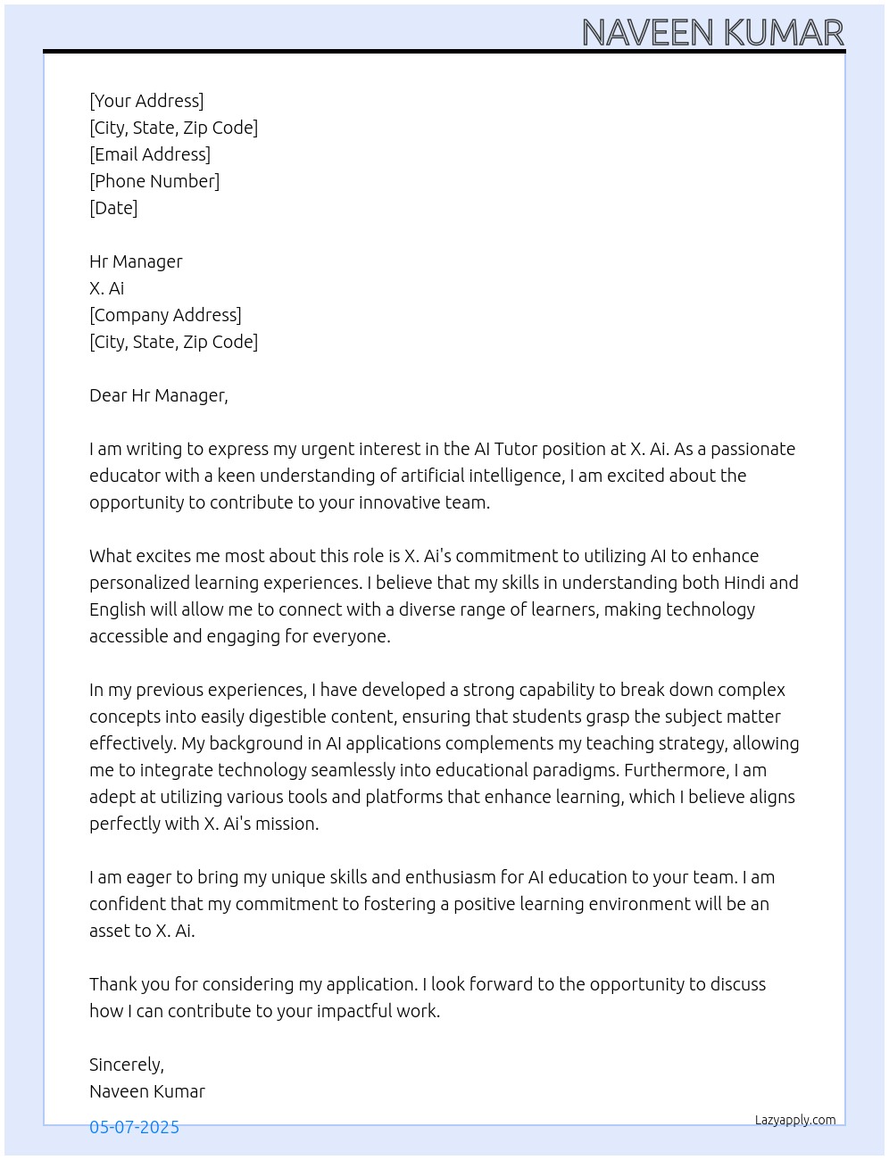 Ai tutor At X. Ai Cover Letter