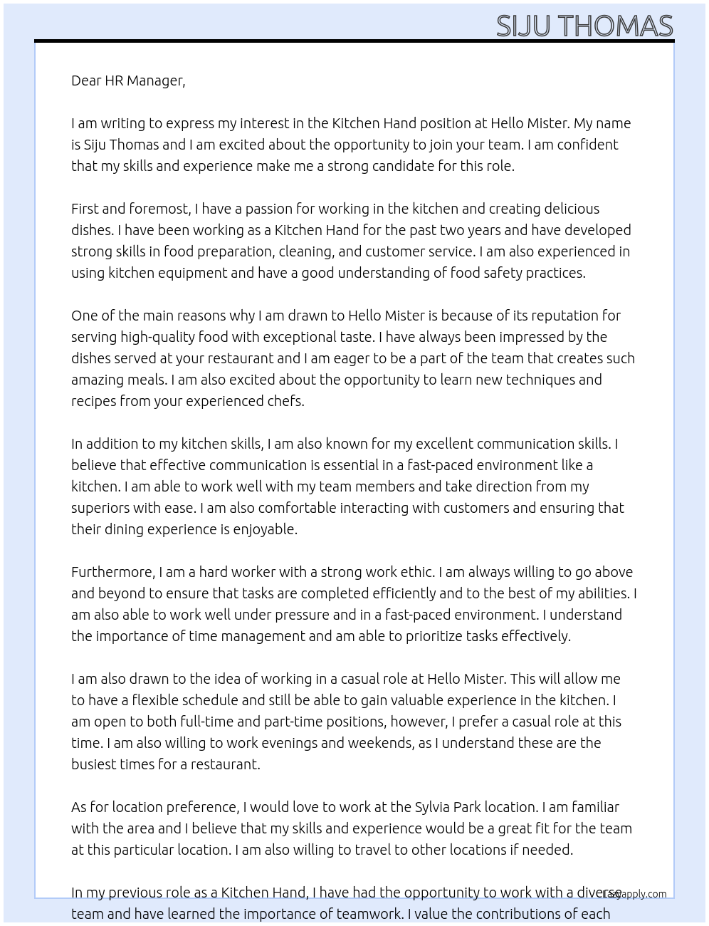 Kitchen hand At Hello Mister Cover Letter