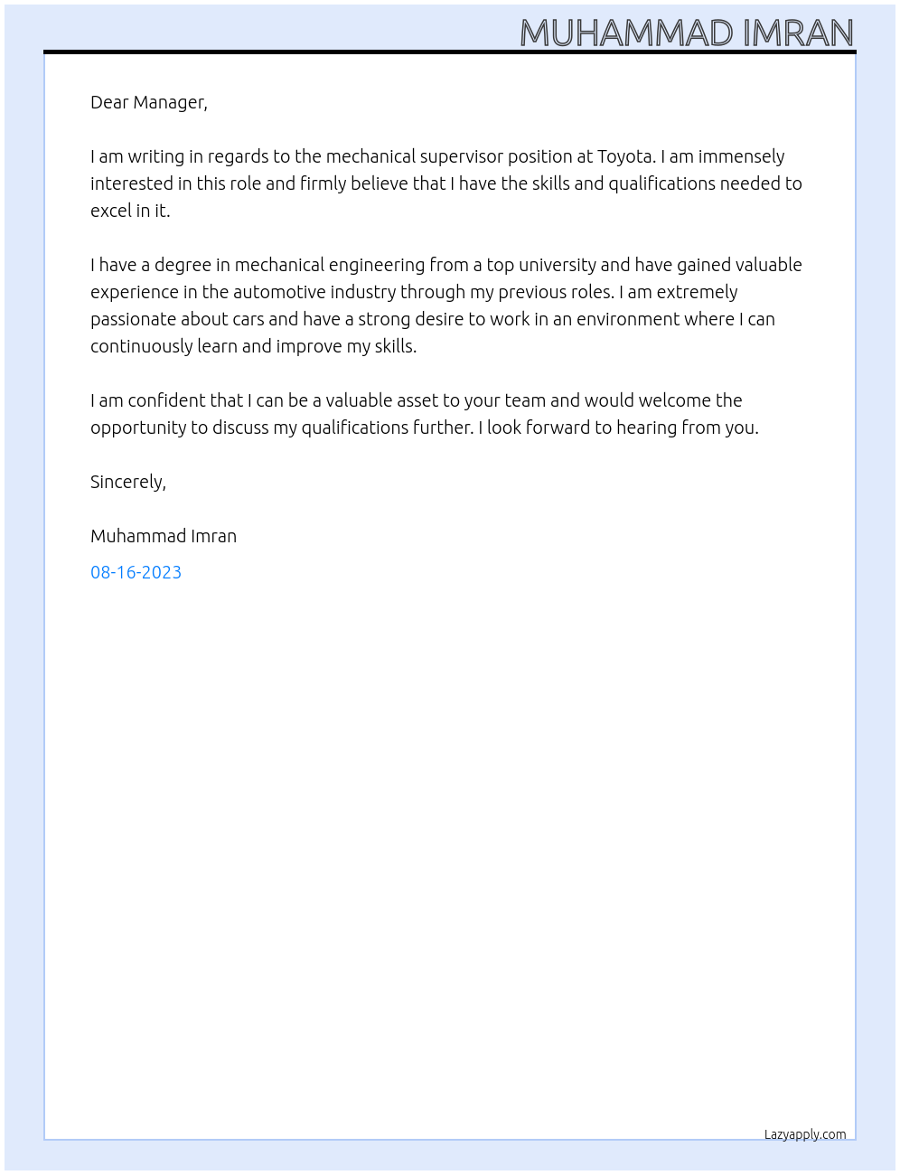 Mechanical supervisor At Toyota Cover Letter