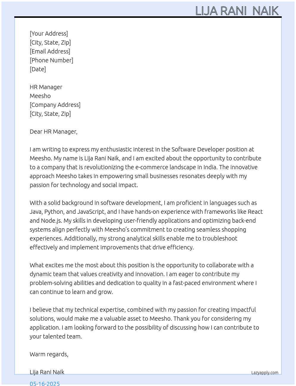 SOFTWARE DEVELOPER At meesho Cover Letter