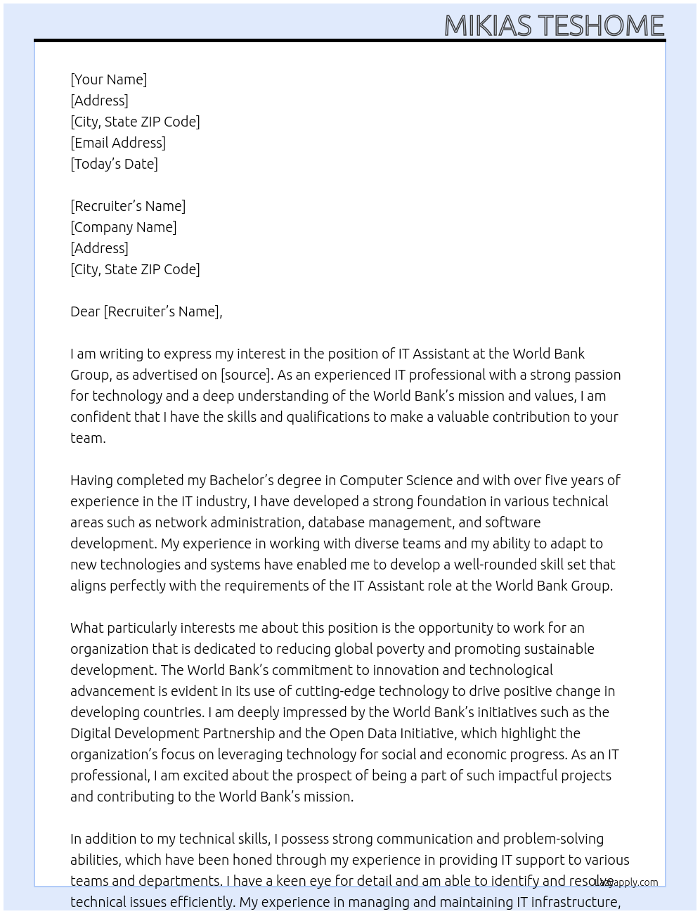 IT Assistant At World Bank Group Cover Letter
