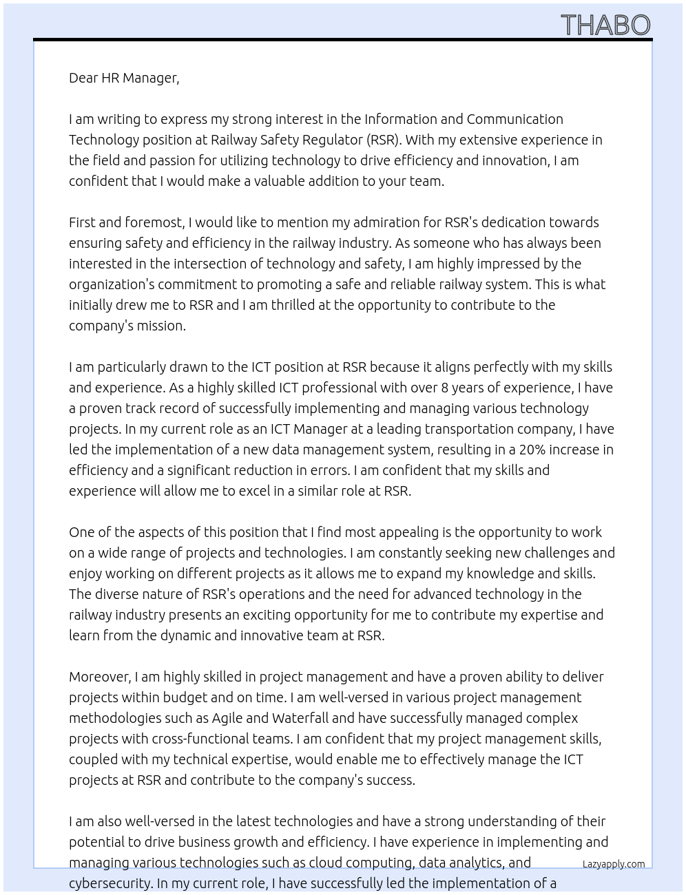 Information and Communication Technology At Railway Safety Regulator (RSR Cover Letter