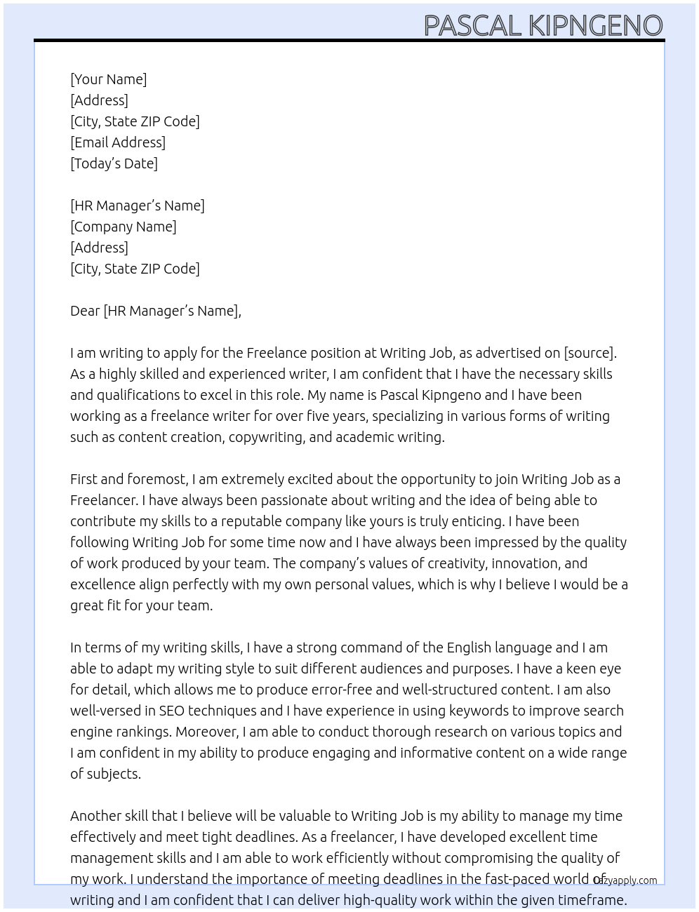 Freelancer At Writing job Cover Letter