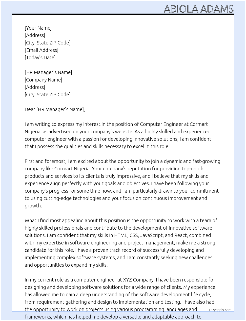 Computer Engineer At Cormart Nigeria Cover Letter