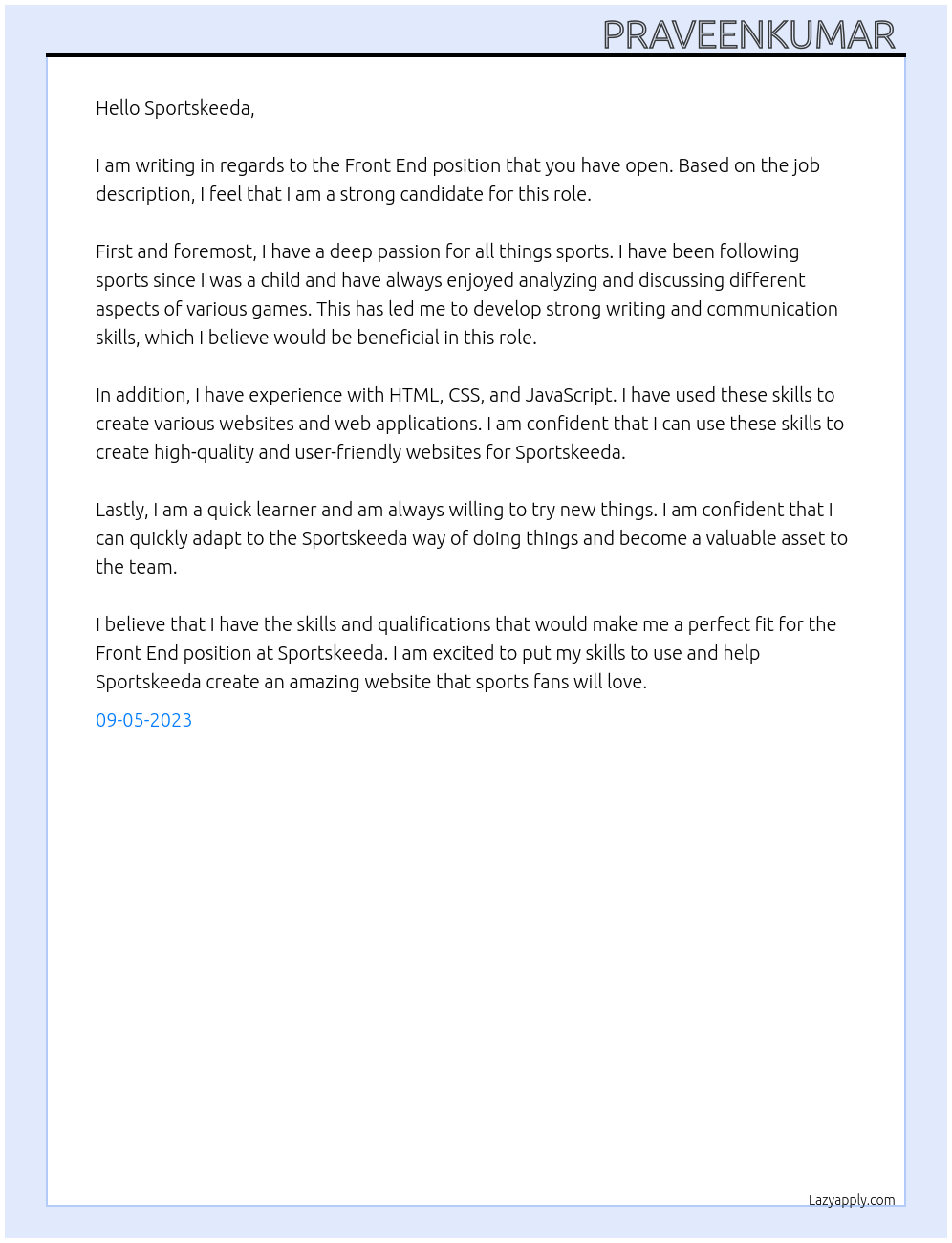 Front end At Sportskeeda Cover Letter