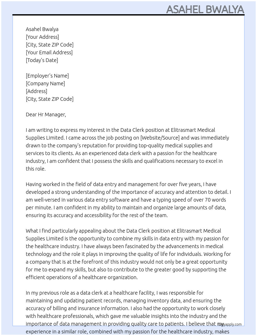 Data clerk At Elitrasmart medical supplies limited Cover Letter