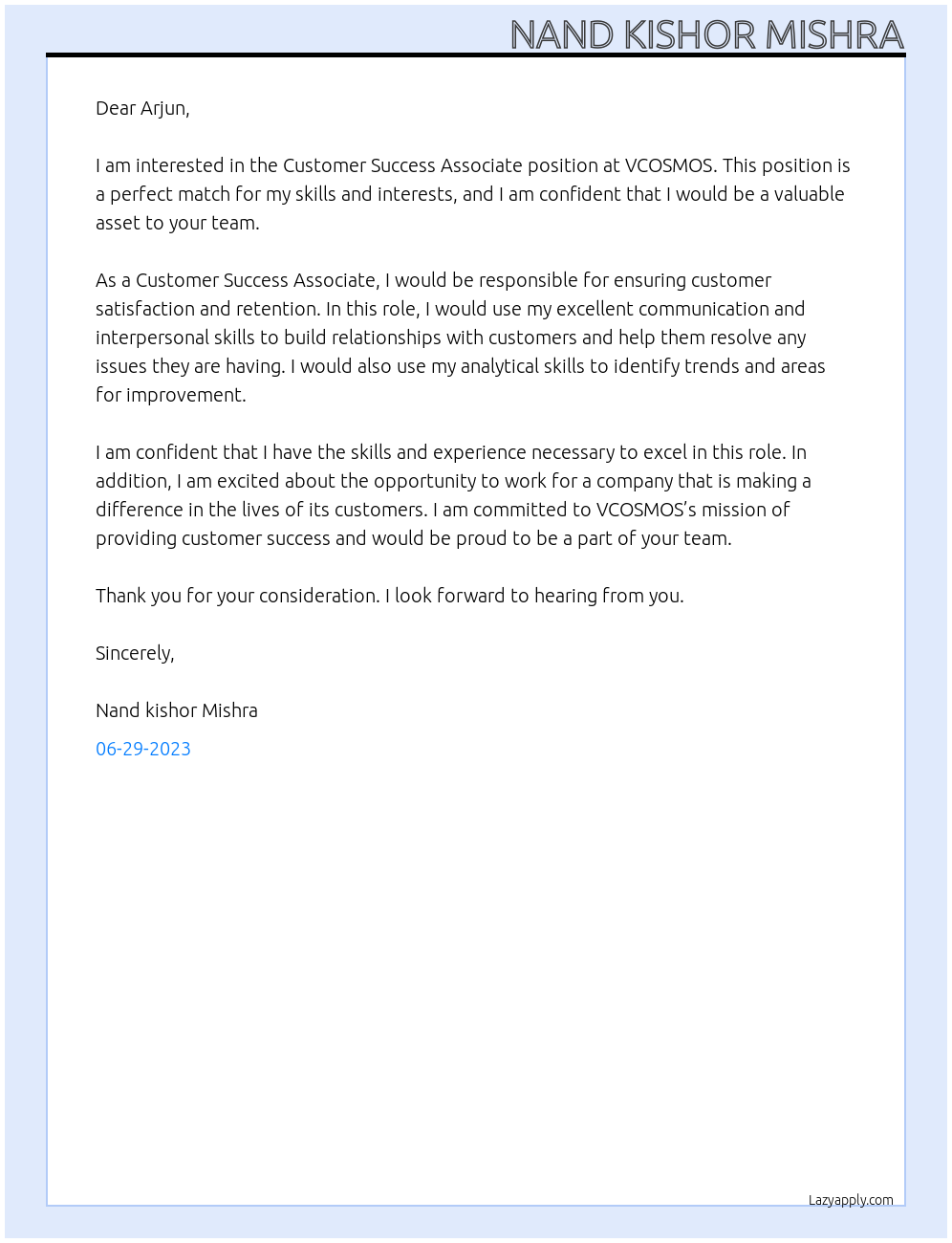 Customer success Associate At VCOSMOS Cover Letter