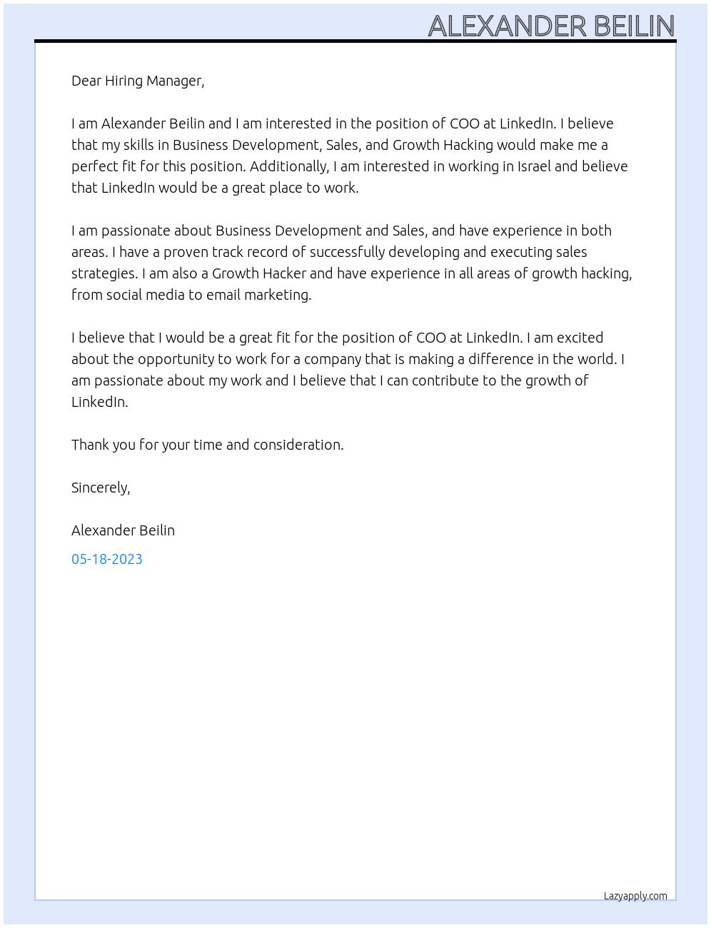 COO At Linkedin Cover Letter