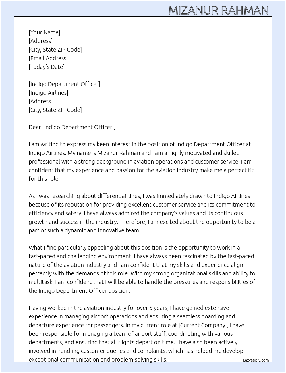 Indigo At AIRPORT (INDIGO) Cover Letter