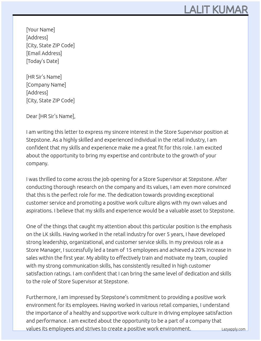 STORE SUPERVISOR At STEPSTONE Cover Letter