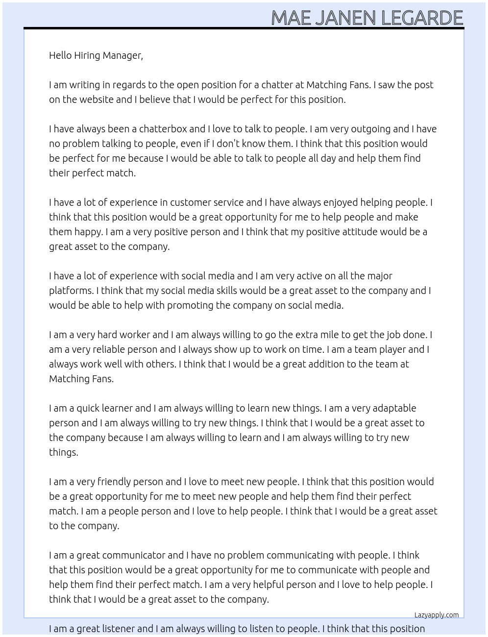 chatter At matching fans Cover Letter