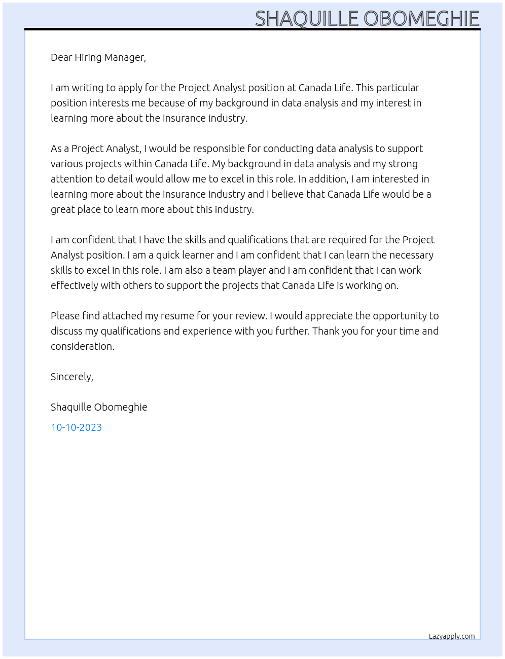 Project analyst At Canada life Cover Letter