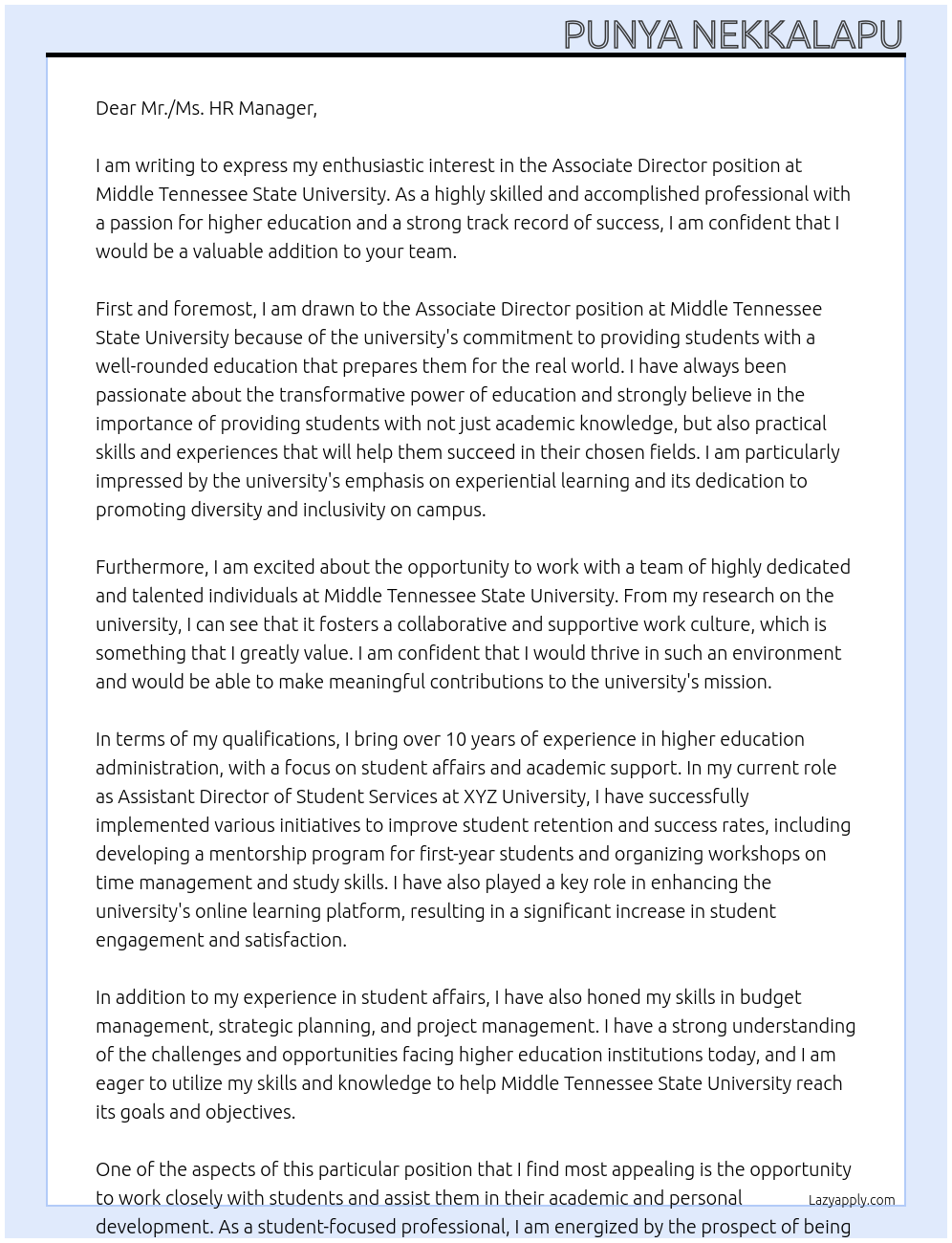 Associate director At Middle tennessee State university Cover Letter