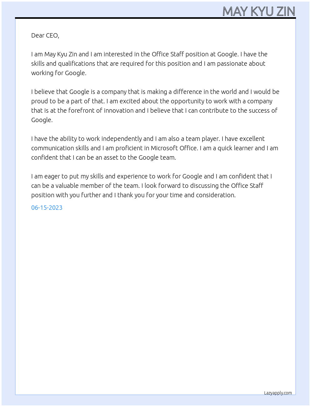 Office Staff At Google Cover Letter