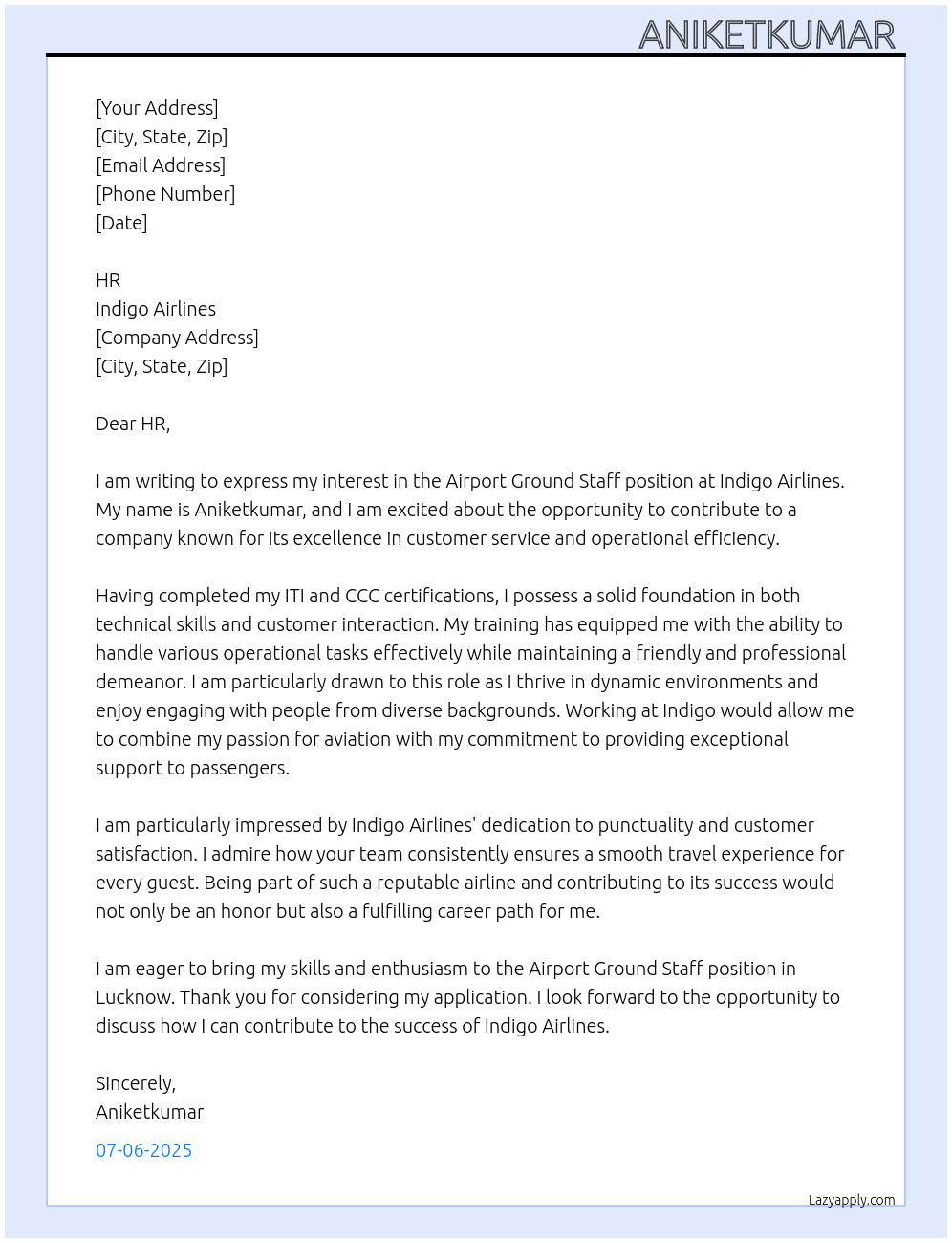Airport ground staff At Indigo Airlines Cover Letter