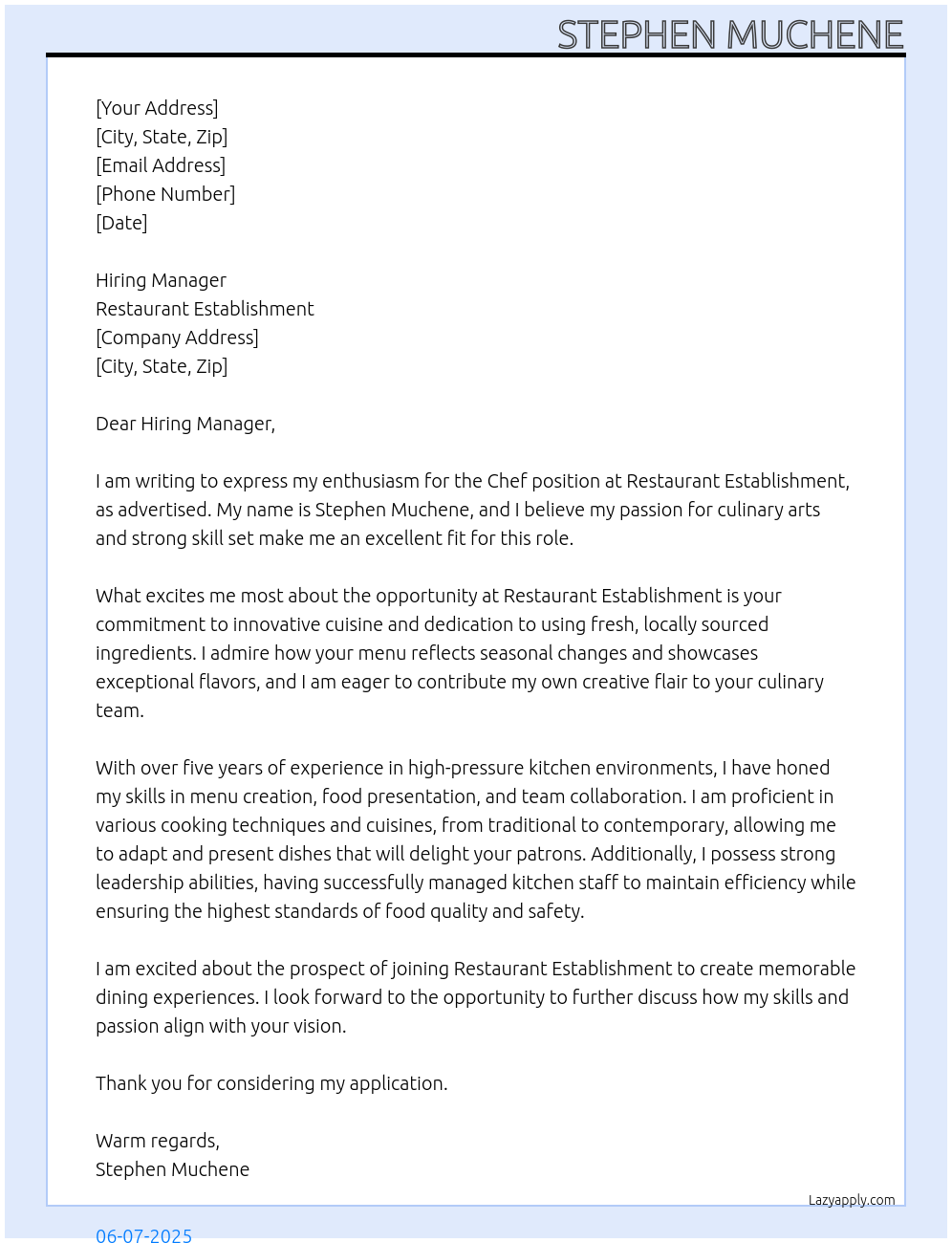 chef At restaurant establishment Cover Letter