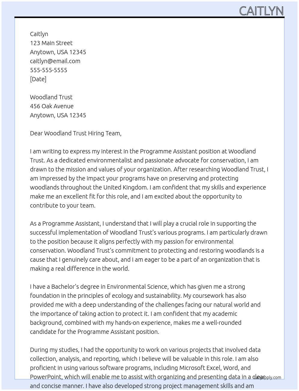 Programme Assistant At Woodland Trust Cover Letter