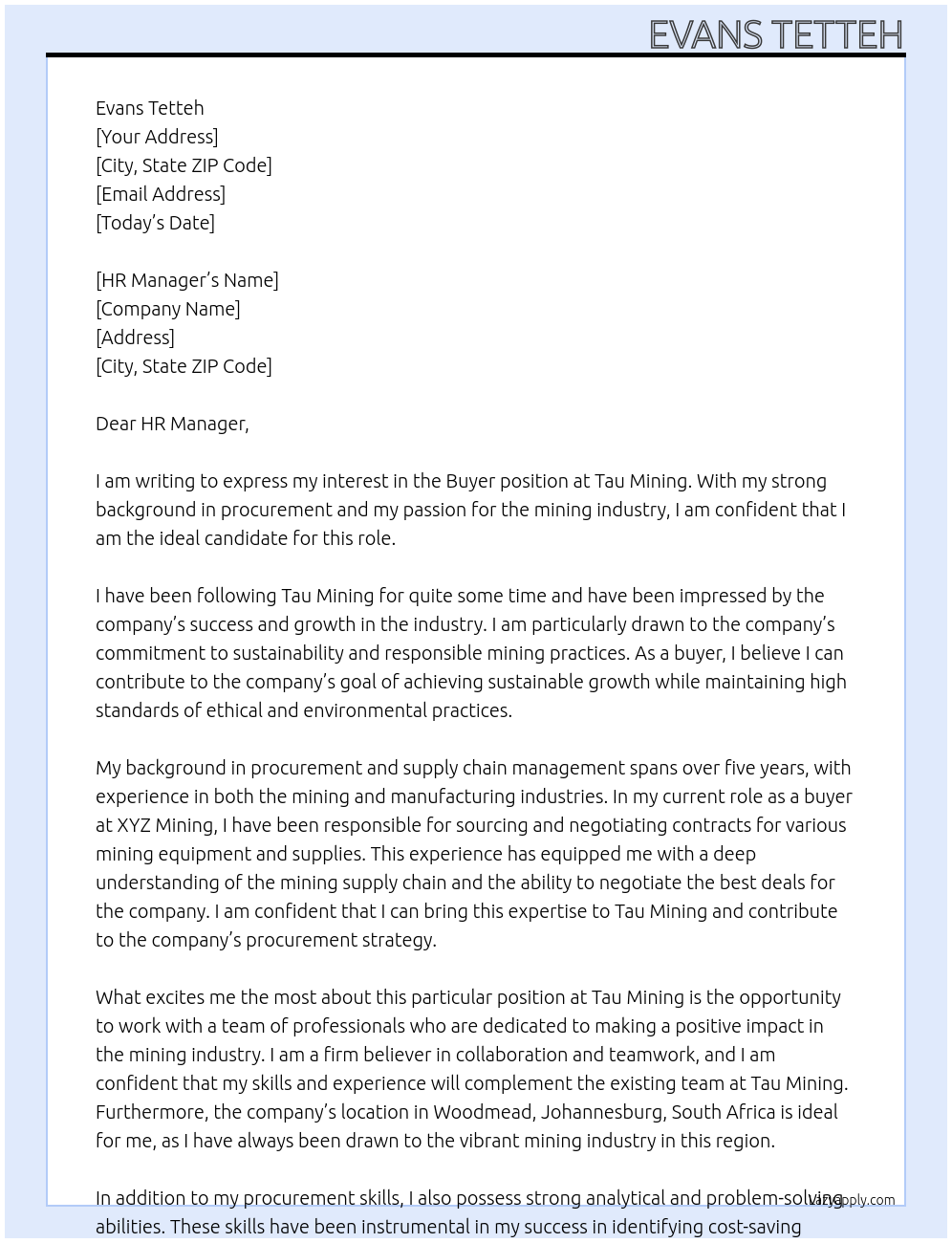 Buyer At Tau mining Cover Letter