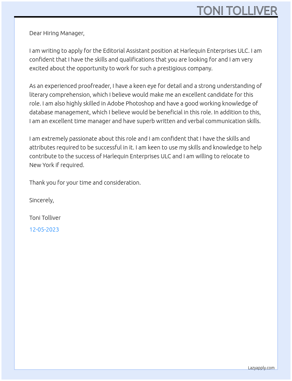 Editorial Assistant At Harlequin Enterprises ULC Cover Letter