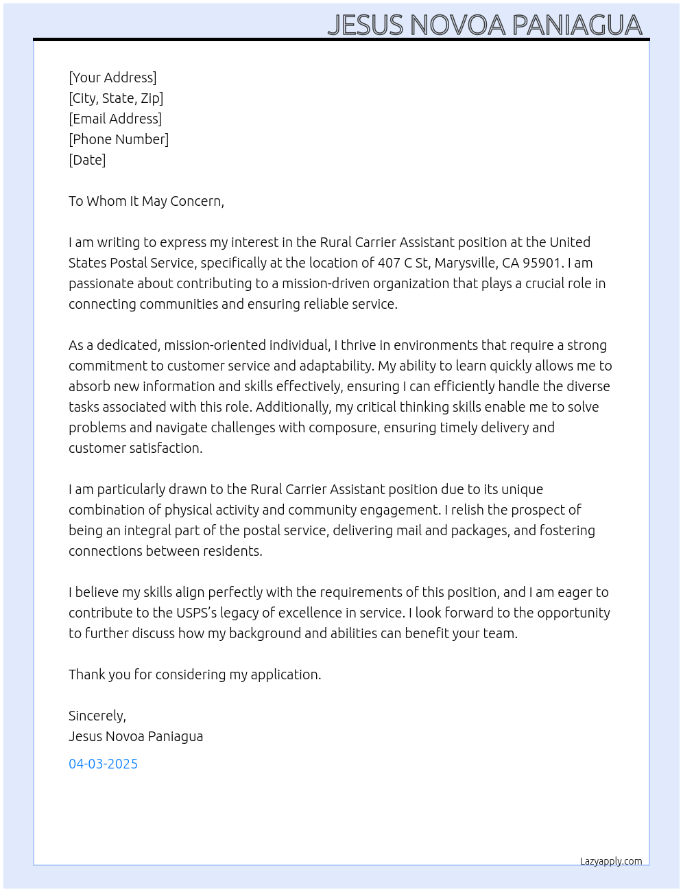 Cover letter for rural carrier assistant - LazyApply