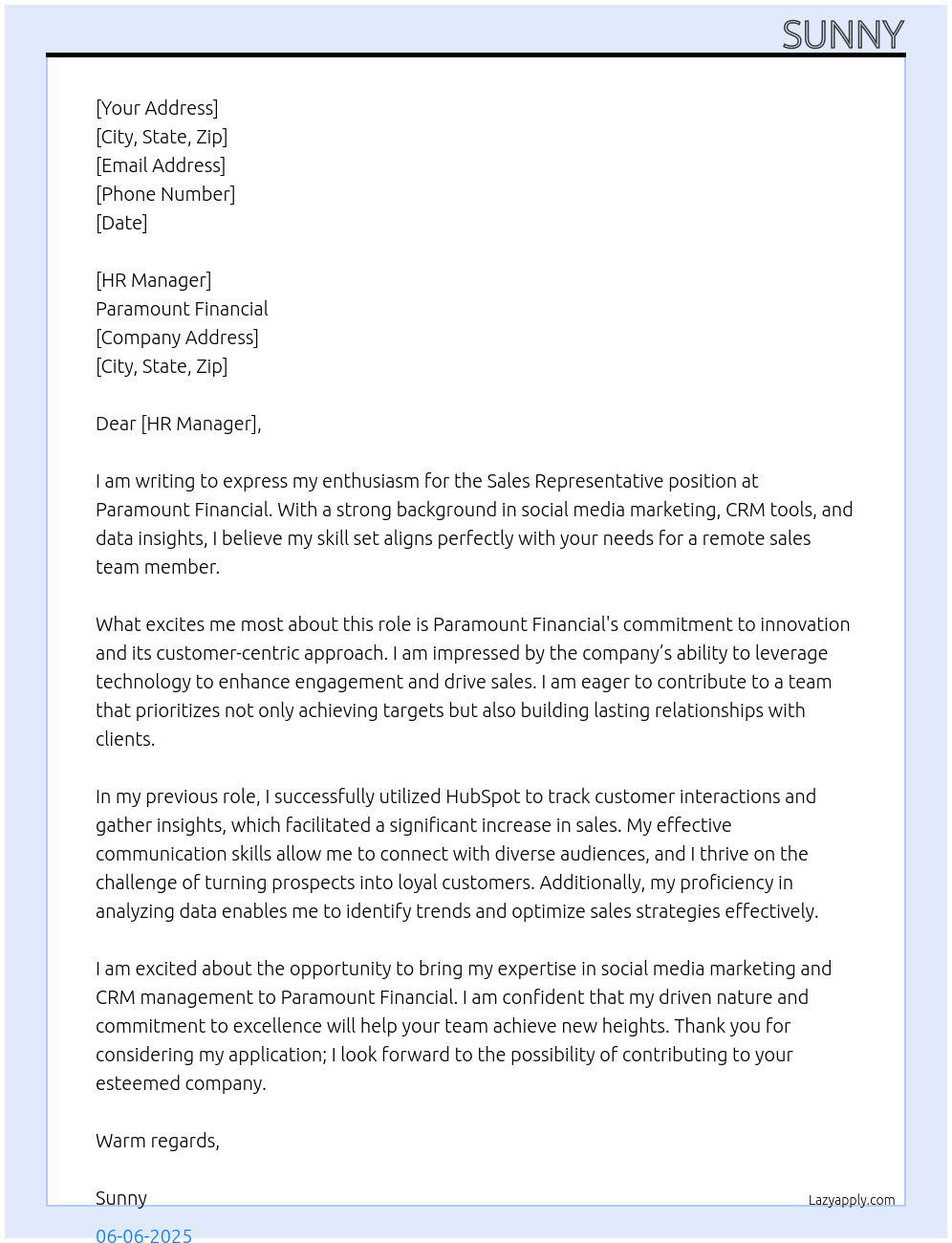 Sales representative At Paramount financial Cover Letter