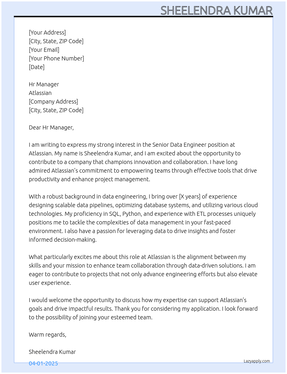 Senior Data Engineer At atlassian Cover Letter