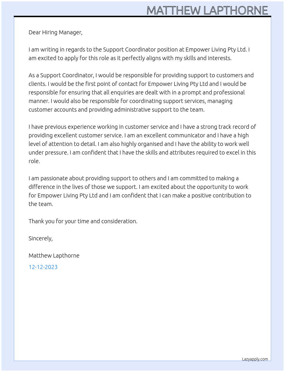 Support Coordinator  At Empower Living Pty Ltd Cover Letter