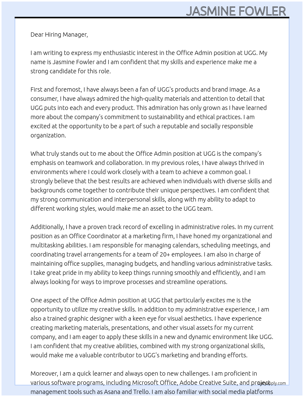 office admin At UGG Cover Letter