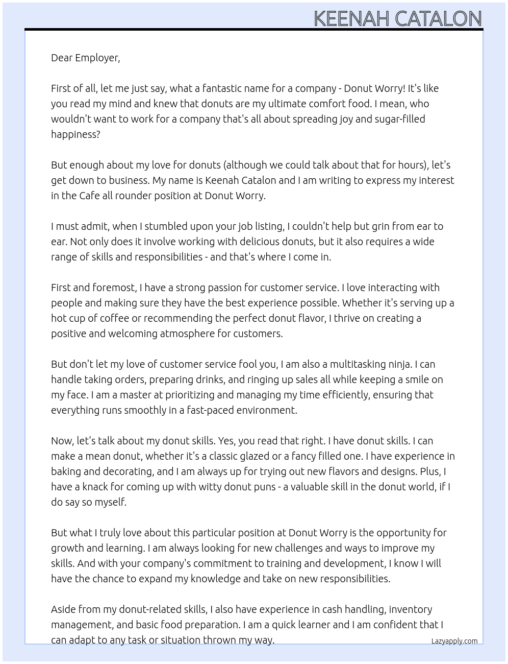 Cafe all rounder At Donut Worry Cover Letter