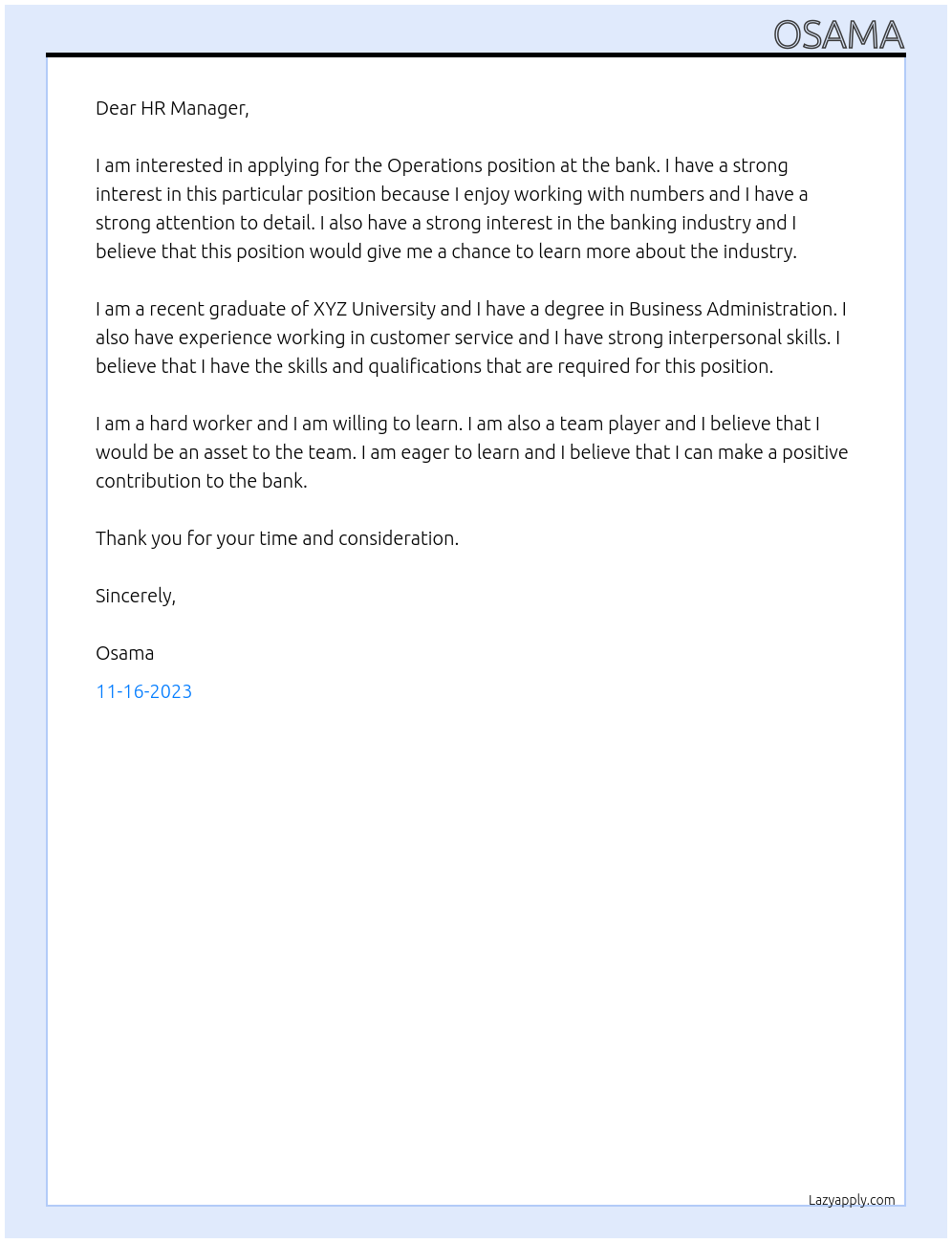 OPERATIONS At BANK Cover Letter