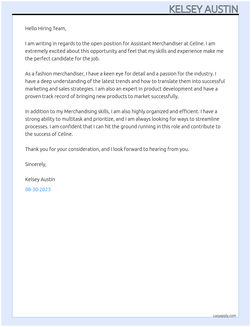 Assistant Merchandiser At Celine Cover Letter