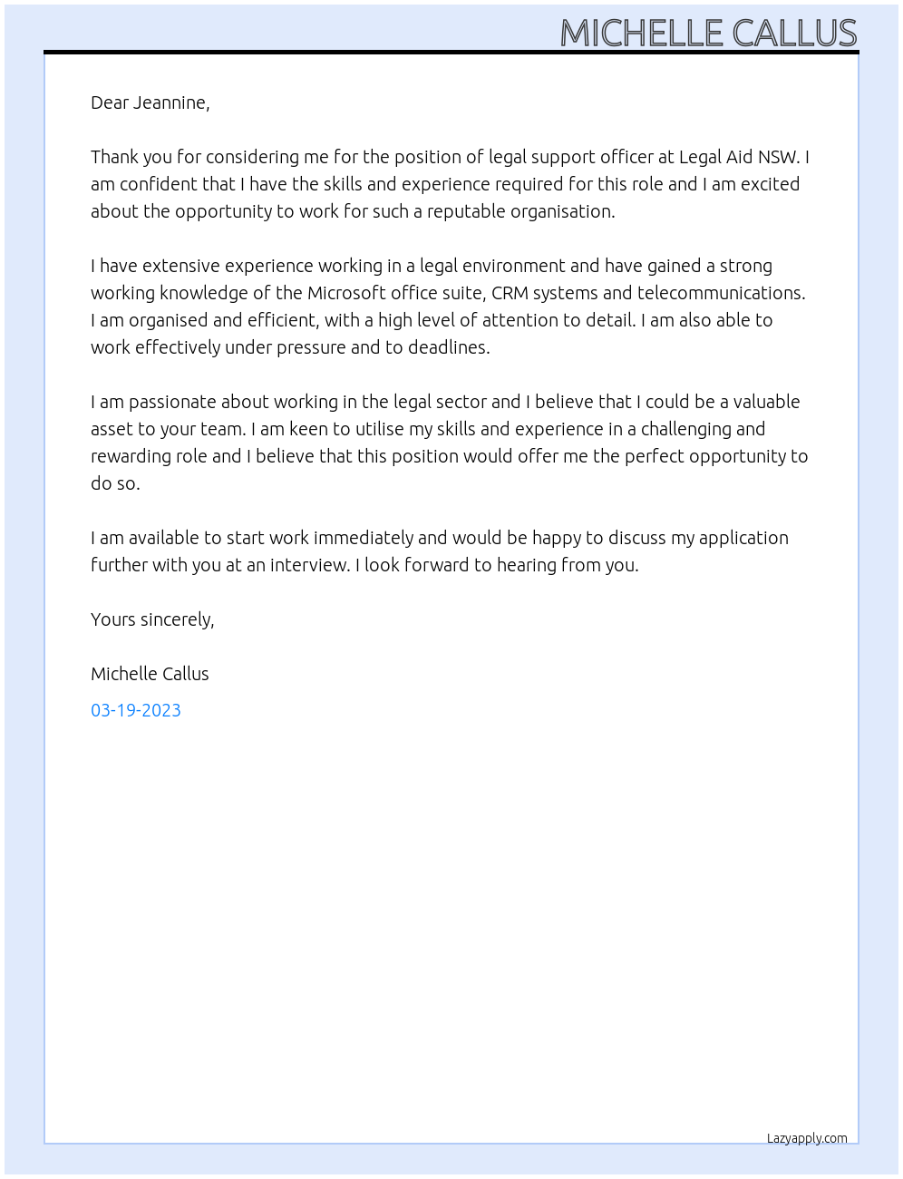 Legal support officer At Legal aid NSW Cover Letter