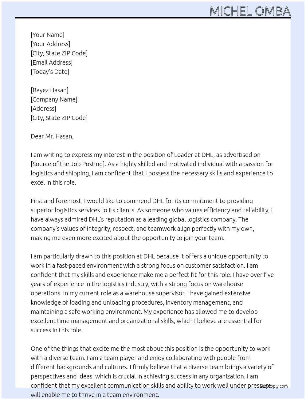 loader  At dhl Cover Letter