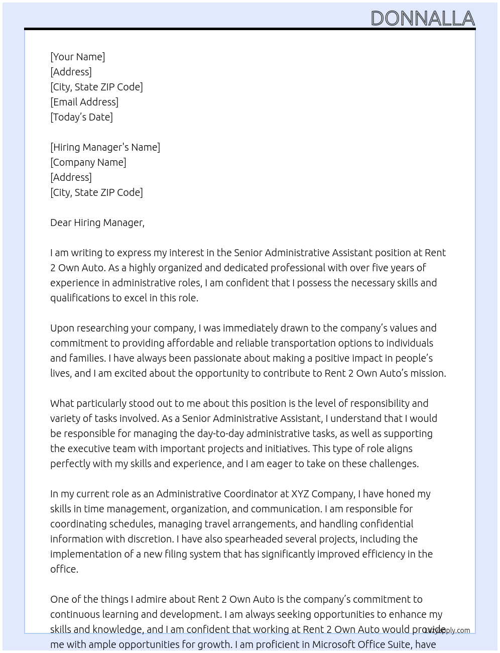 Senior Administrative Assistant At Rent 2 Own Auto Cover Letter