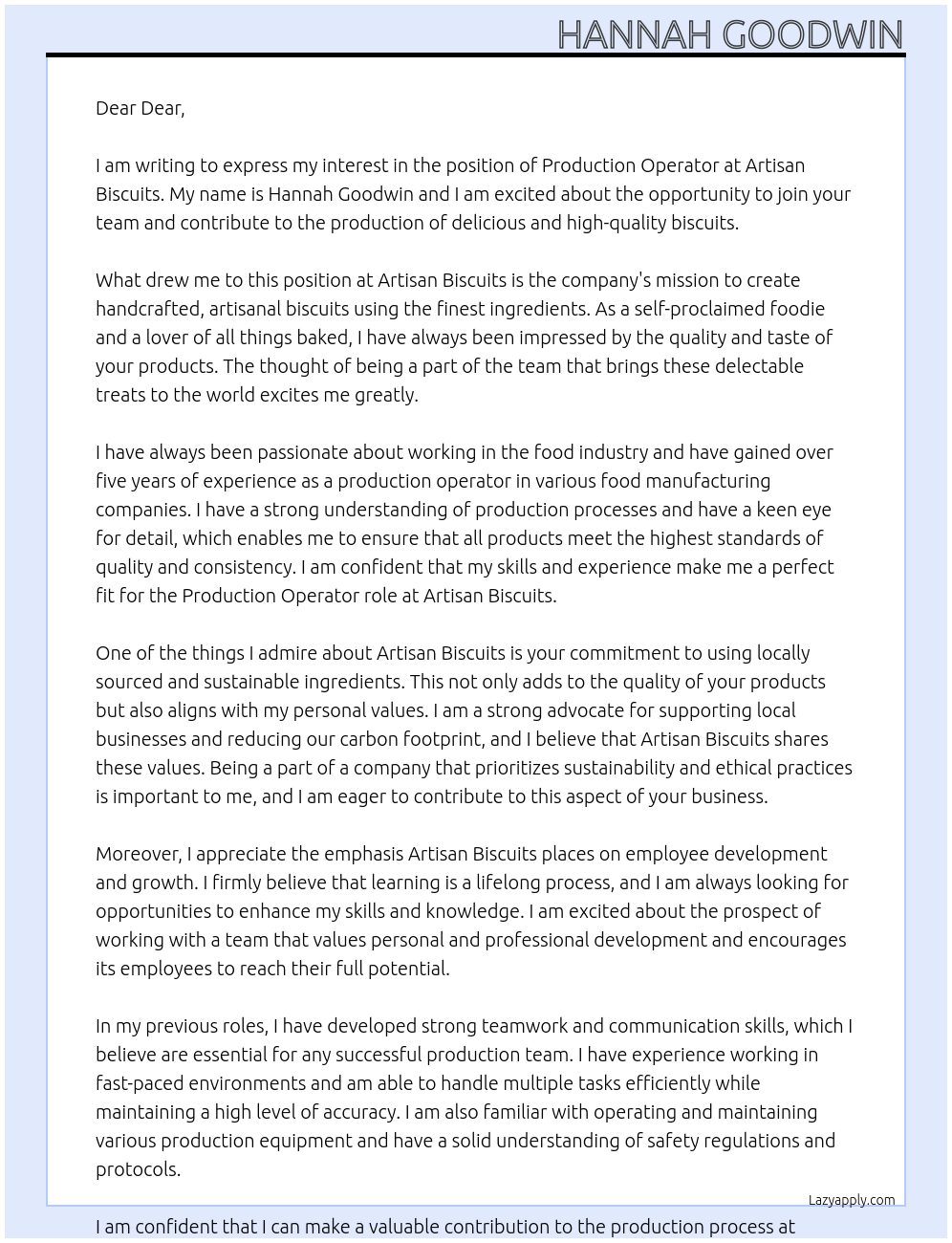 Production Operator At Artisan Biscuits Cover Letter